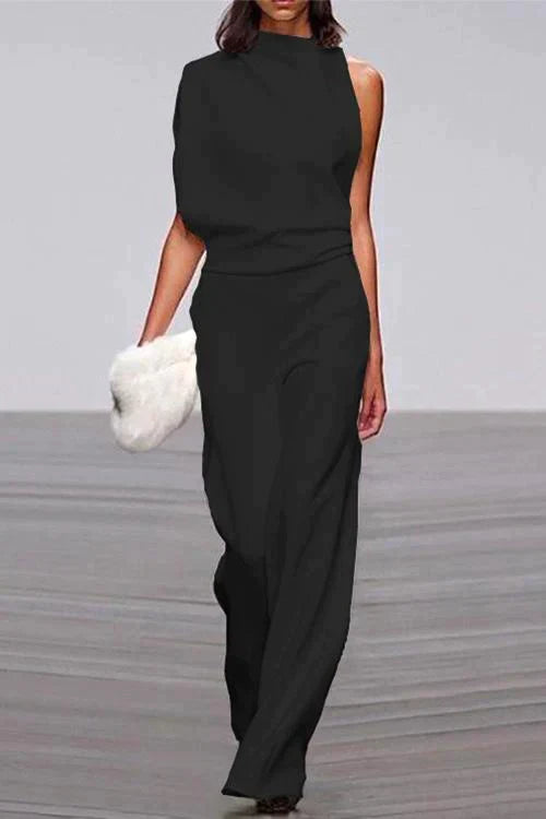 Dames Rosiedress Cowl Neck One Shoulder Batwing Sleeve Zwart