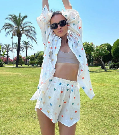 Francesca Set Hartprint Katoenen Overhemd en Shorts Set