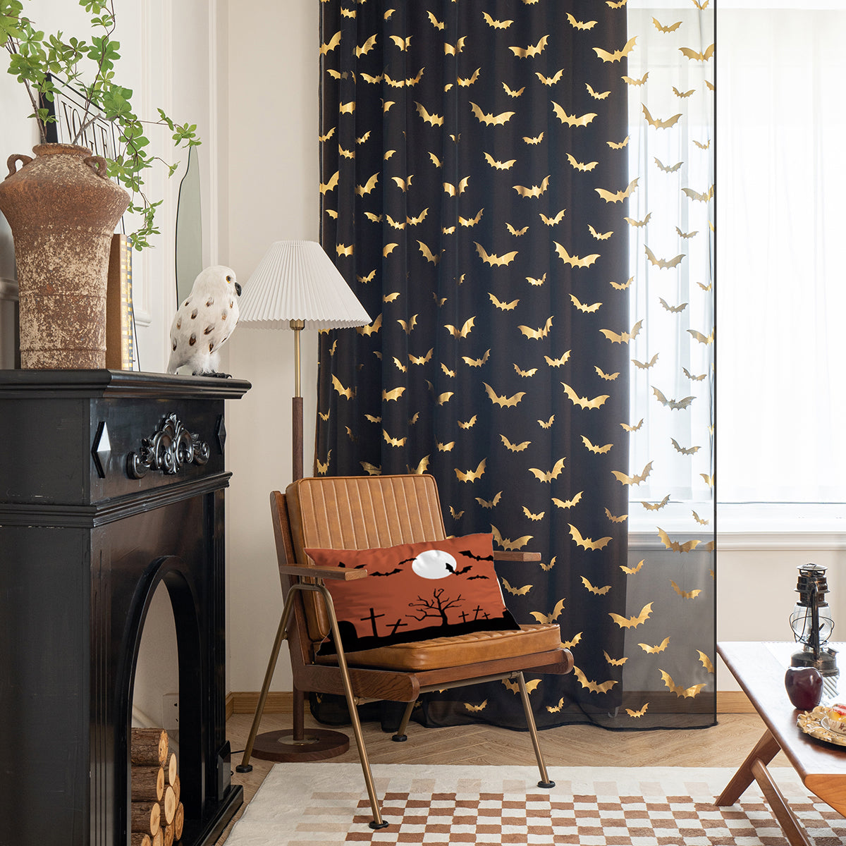 Transparante Polyester Gordijnen met Vleermuispatroon – Lichtgewicht en Modern voor Slaapkamer en Woonkamer
