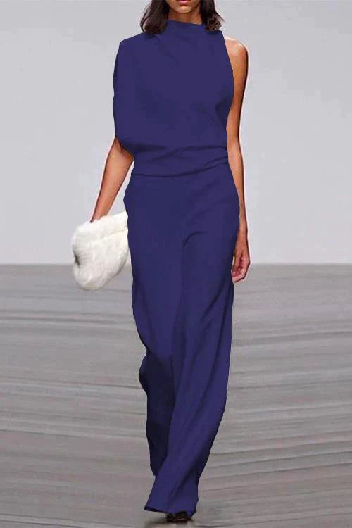 Dames Rosiedress Cowl Neck One Shoulder Batwing Sleeve Donkerblauw