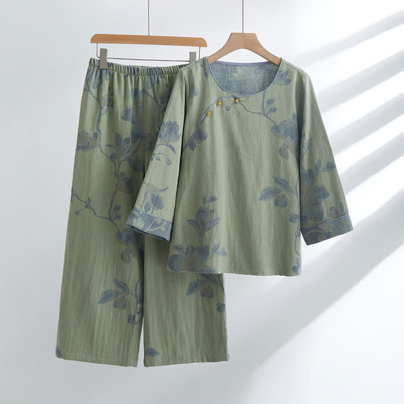 Bloemige Comfy Katoenen Ronde Hals Loungewear Set Groen