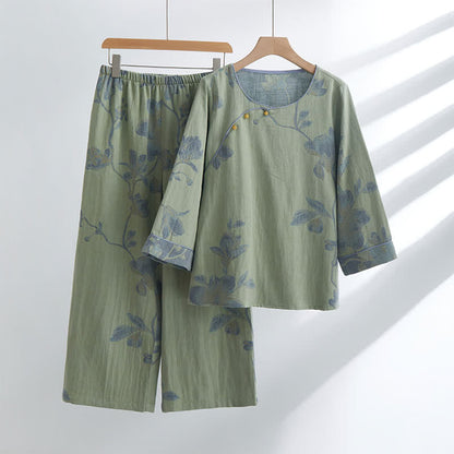 Bloemige Comfy Katoenen Ronde Hals Loungewear Set Groen