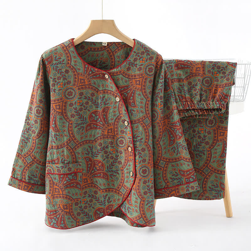 Vintage Jacquard Ronde Hals Loungewear Set Groen&Oranje