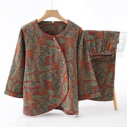 Vintage Jacquard Ronde Hals Loungewear Set Groen&Oranje