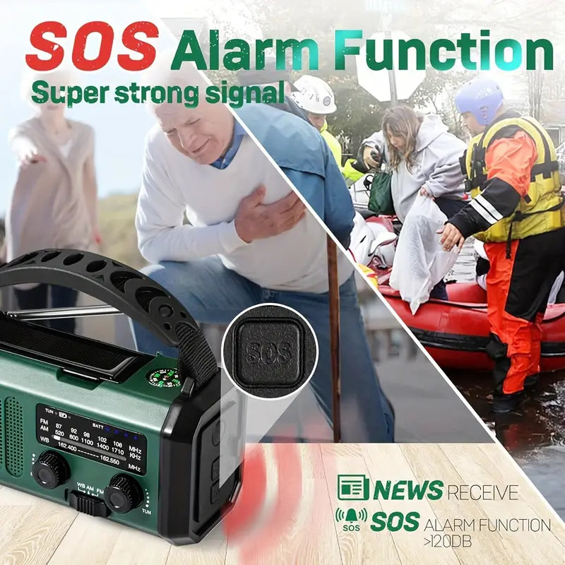 Pro Noodradio 10.000mAh – Zonne- & Handmatig Opladen, Weerradio, Zaklamp, SOS Alarm & Telefoonlader