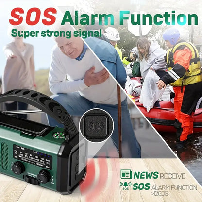 Pro Noodradio 10.000mAh – Zonne- & Handmatig Opladen, Weerradio, Zaklamp, SOS Alarm & Telefoonlader