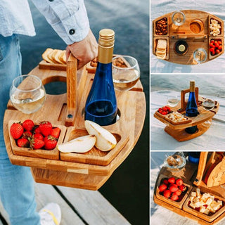 WineNest Draagbare Houten Wijn Tafel – Opvouwbare Picknicktafel met Glashouders | Ideaal voor Buiten, Strand of Tuin