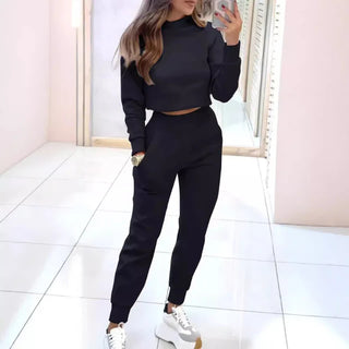Comfortabel Dames Tweedelig Trainingspak met Cropped Sweater Zwart
