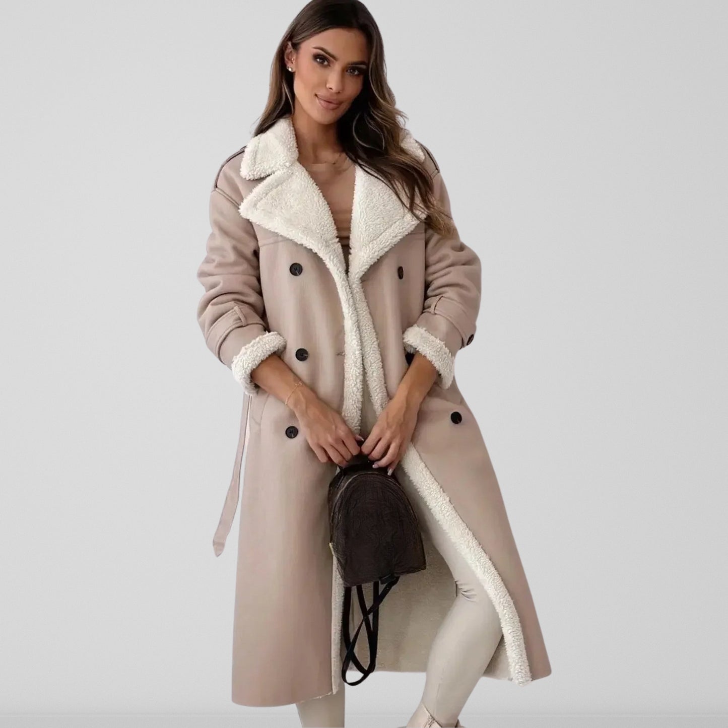 Damesmantel Volle Lengte Oversized Shearling Dubbele Knopen Abrikoos