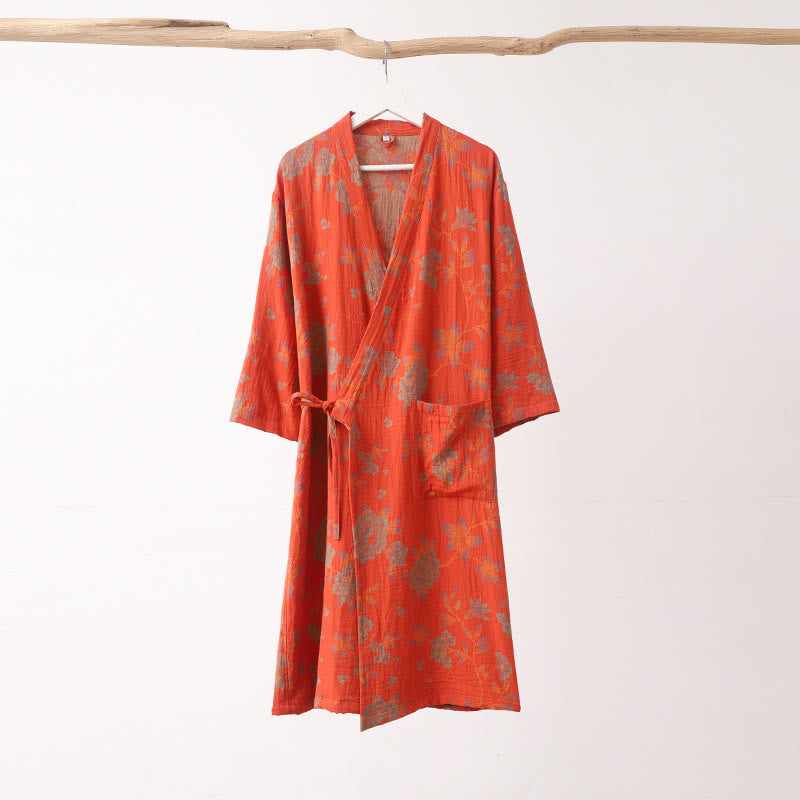 Bloemen Jacquard Katoenen V-Hals Badjas Pyjama Rood