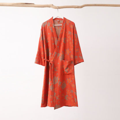 Bloemen Jacquard Katoenen V-Hals Badjas Pyjama Rood