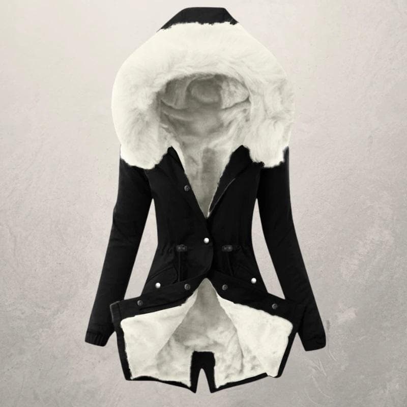 Gewatteerde Parka Winterjas Middellange Pasvorm Met Nepbontvoering Capuchon Zwart Wit