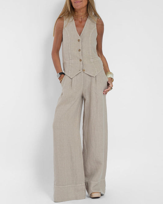 Elegante 2-Delige Set Linnen Wijde Broek En Vest Voor Dames Grijs