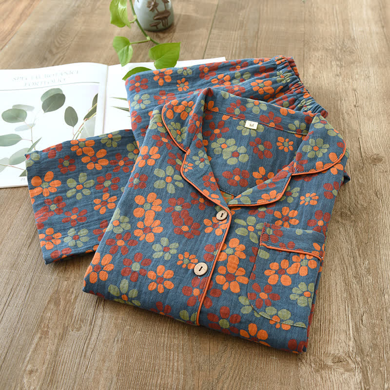 Katoenen Gaas Lange Mouwen Pyjama Set Blauw