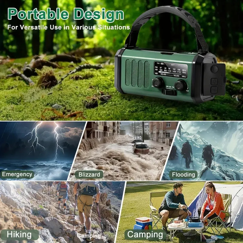 Pro Noodradio 10.000mAh – Zonne- & Handmatig Opladen, Weerradio, Zaklamp, SOS Alarm & Telefoonlader