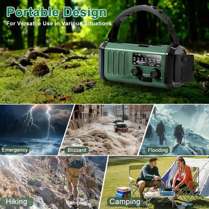 Pro Noodradio 10.000mAh – Zonne- & Handmatig Opladen, Weerradio, Zaklamp, SOS Alarm & Telefoonlader