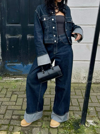 Avenari | Dames Denim Set – Trucker Jacket & High Waist Wide Leg Jeans – Relaxed Fit