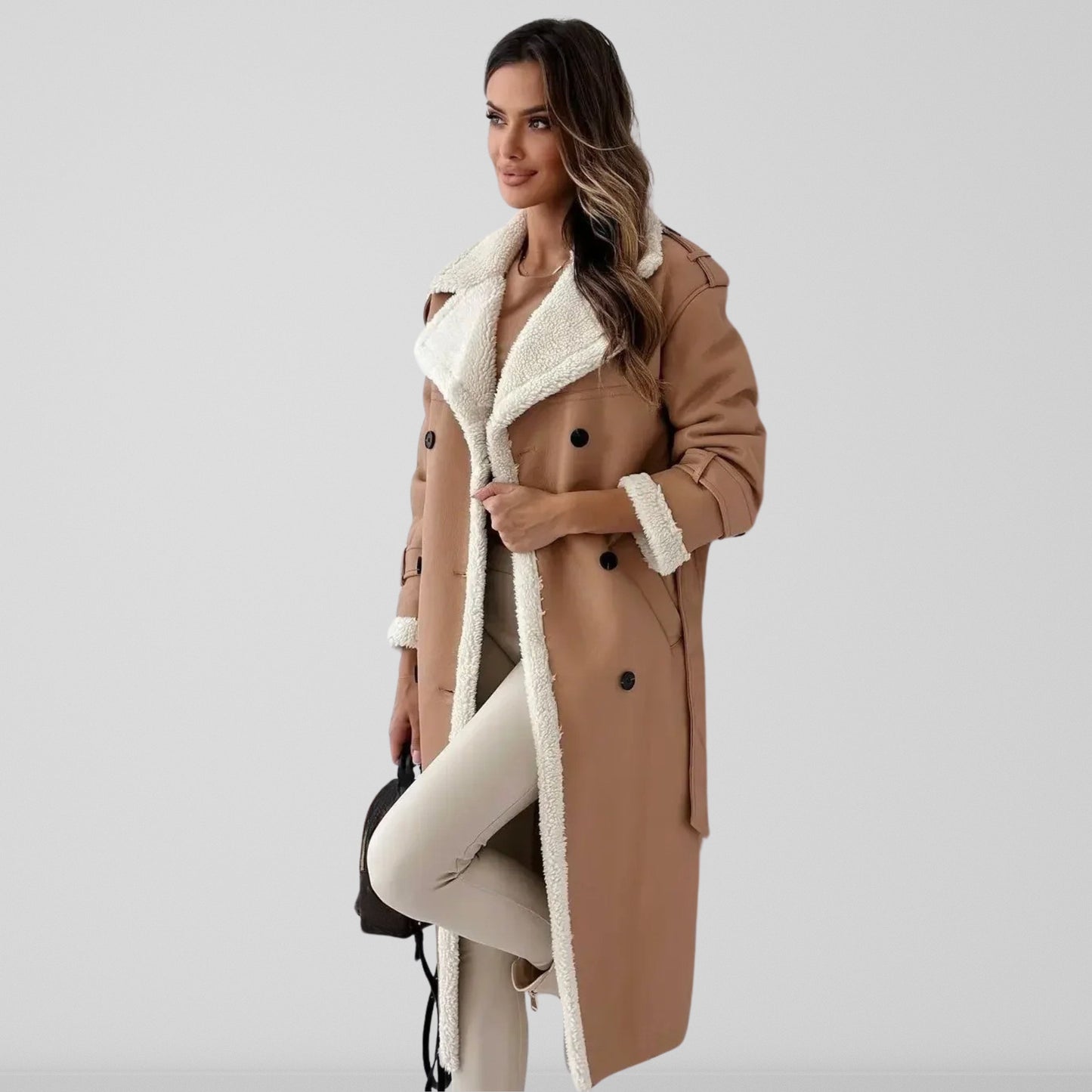 Damesmantel Volle Lengte Oversized Shearling Dubbele Knopen Khaki