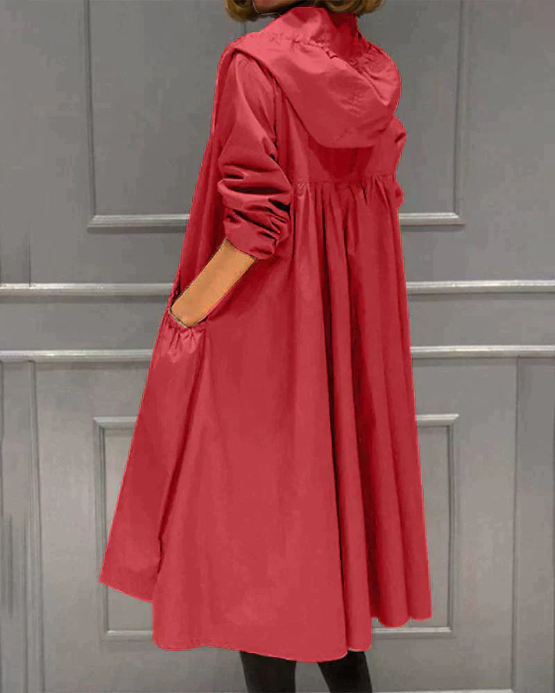 Dames Lange Damesregenjas Met Capuchon Knielange Snit Rood