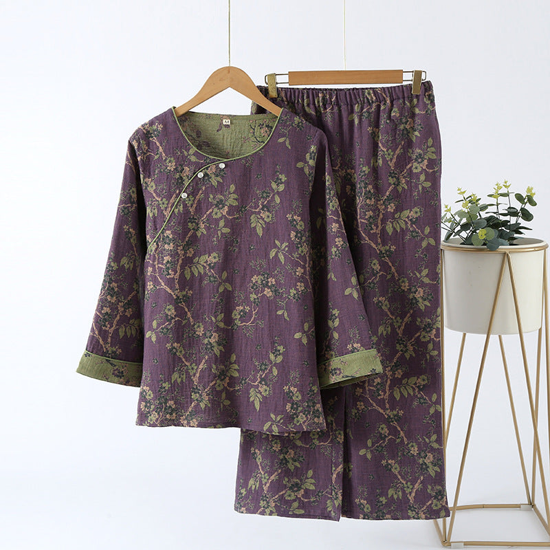 Jacquard Vintage Katoenen Loungewear Set Donker Paars