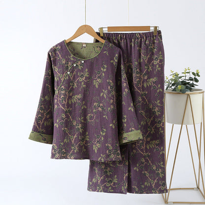 Jacquard Vintage Katoenen Loungewear Set Donker Paars