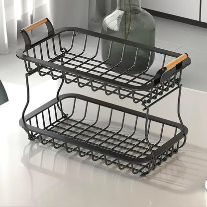 2-Laags Fruitorganizer van Duurzaam Metaal met Houten Handvatten – Modern Minimalistisch Ontwerp voor Keukenopslag