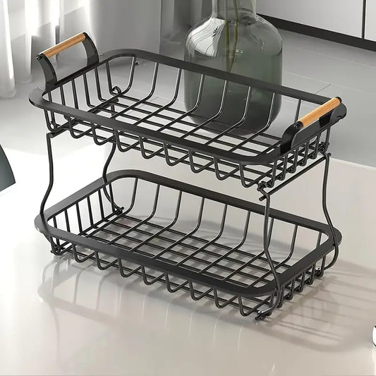 2-Laags Fruitorganizer van Duurzaam Metaal met Houten Handvatten – Modern Minimalistisch Ontwerp voor Keukenopslag