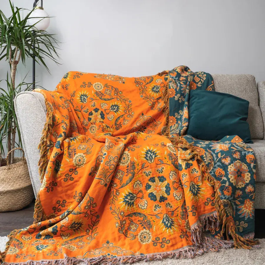 Ownkoti Vintage Dekentje Bloem Sofa Dekking Blankets SEREIN Oranje 59" x 79"