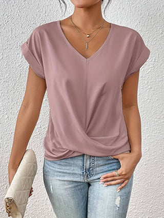 Dames Top Korte Mouw Licht V Hals Gedraaid Wit Zomer Roze