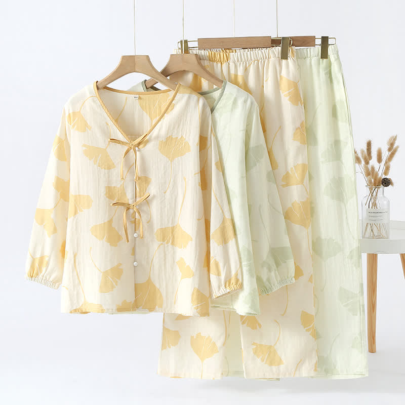 Ginkgo Blad Strik Katoenen Loungewear Set