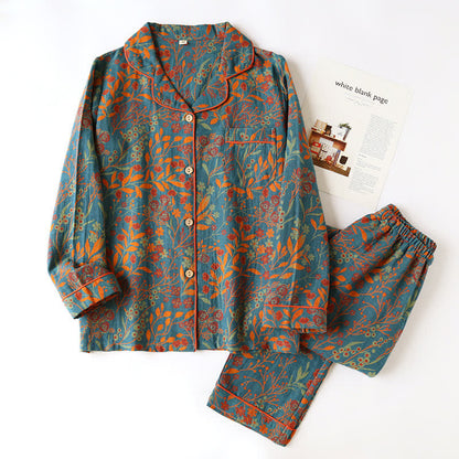 Vintage Leaf Katoenen Loungewear Set Blauw & Oranje