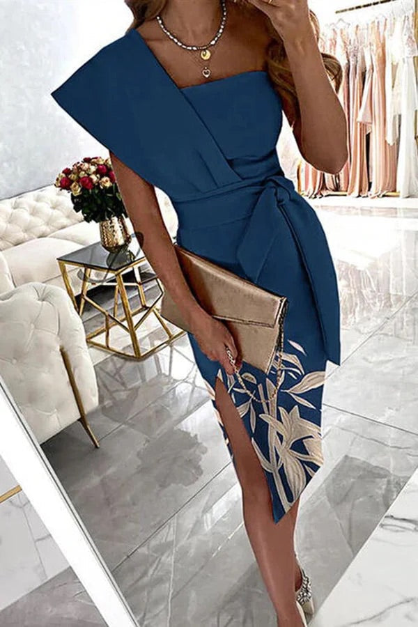 Dames Bleistiftjurk Knie-lengte Mouwloos Eén Schouder Slim Blauw