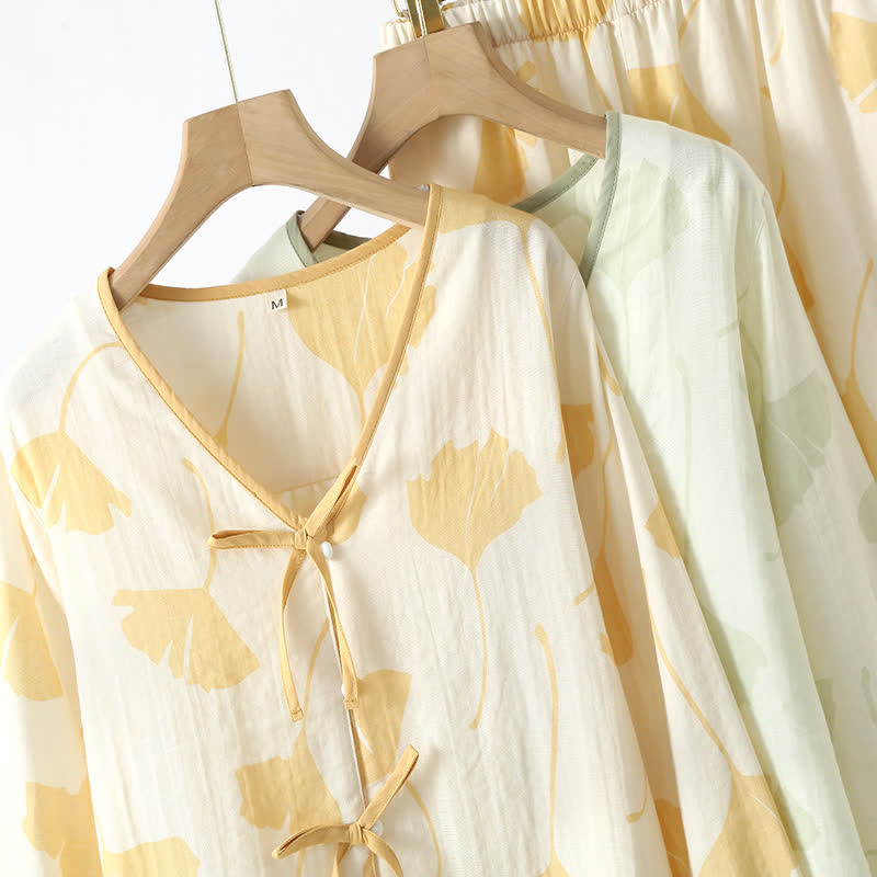 Ginkgo Blad Strik Katoenen Loungewear Set