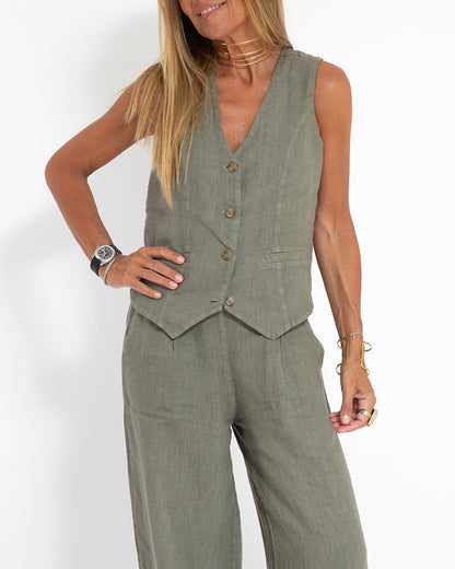 Elegante 2-Delige Set Linnen Wijde Broek En Vest Voor Dames