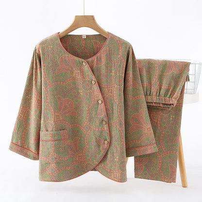 Vintage Jacquard Ronde Hals Loungewear Set Lichtgroen&Roze