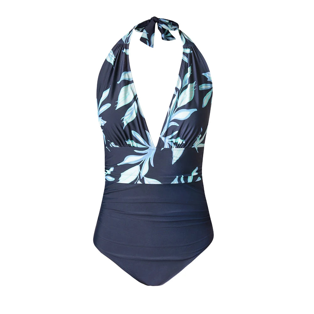 Dames Badpak Corrigerend Katoen Met Diepe V-hals en Marine Bloemenprint Blauw bloemen