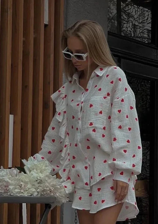 Stijlvolle Tallulah Set met Hartprint van Katoen Rode Hartjes
