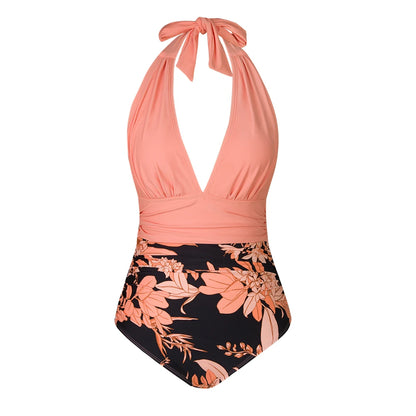 Dames Badpak Corrigerend Katoen Met Diepe V-hals en Marine Bloemenprint Peach