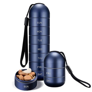 Aluminium pillendoosje voor op reis (7 dagen), inclusief pillenhouder. Blauw