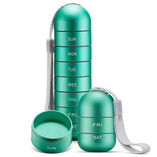 Aluminium pillendoosje voor op reis (7 dagen), inclusief pillenhouder. Groen
