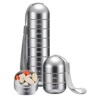 Aluminium pillendoosje voor op reis (7 dagen), inclusief pillenhouder. Zilver