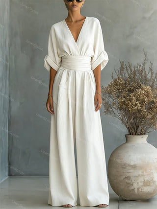 Lumina | Elegante en getailleerde jumpsuit met diepe V-hals – Luxe Designer eendelig Pak Wit