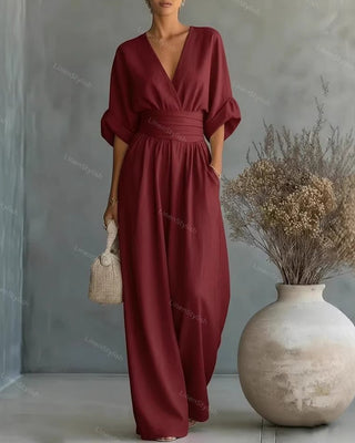 Lumina | Elegante en getailleerde jumpsuit met diepe V-hals – Luxe Designer eendelig Pak Wijn