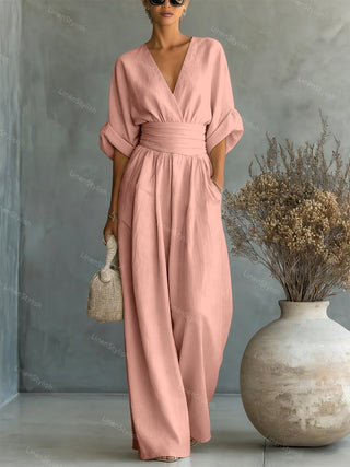 Lumina | Elegante en getailleerde jumpsuit met diepe V-hals – Luxe Designer eendelig Pak Roze