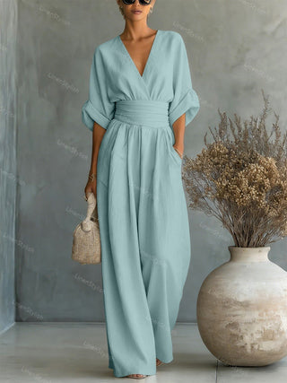 Lumina | Elegante en getailleerde jumpsuit met diepe V-hals – Luxe Designer eendelig Pak Blauw