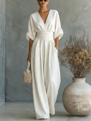Lumina | Elegante en getailleerde jumpsuit met diepe V-hals – Luxe Designer eendelig Pak