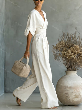 Lumina | Elegante en getailleerde jumpsuit met diepe V-hals – Luxe Designer eendelig Pak