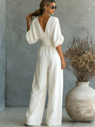 Lumina | Elegante en getailleerde jumpsuit met diepe V-hals – Luxe Designer eendelig Pak