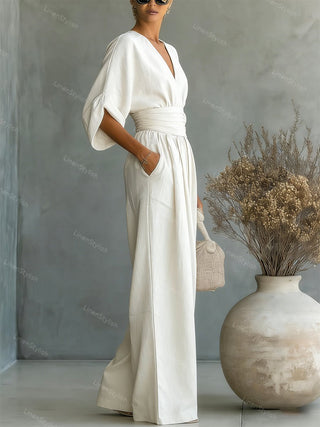 Lumina | Elegante en getailleerde jumpsuit met diepe V-hals – Luxe Designer eendelig Pak