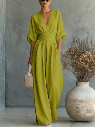 Lumina | Elegante en getailleerde jumpsuit met diepe V-hals – Luxe Designer eendelig Pak Groen